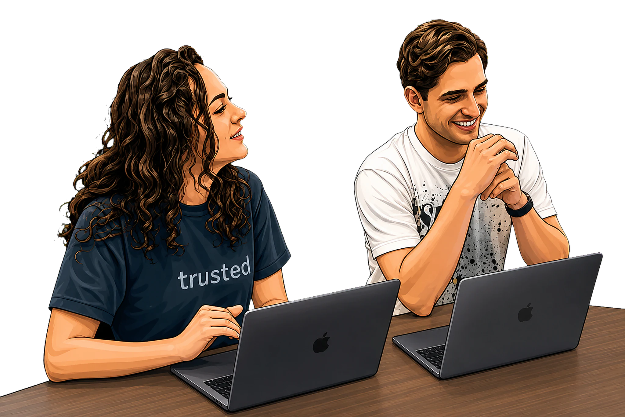 Trusted teammates collaborating at laptop computers