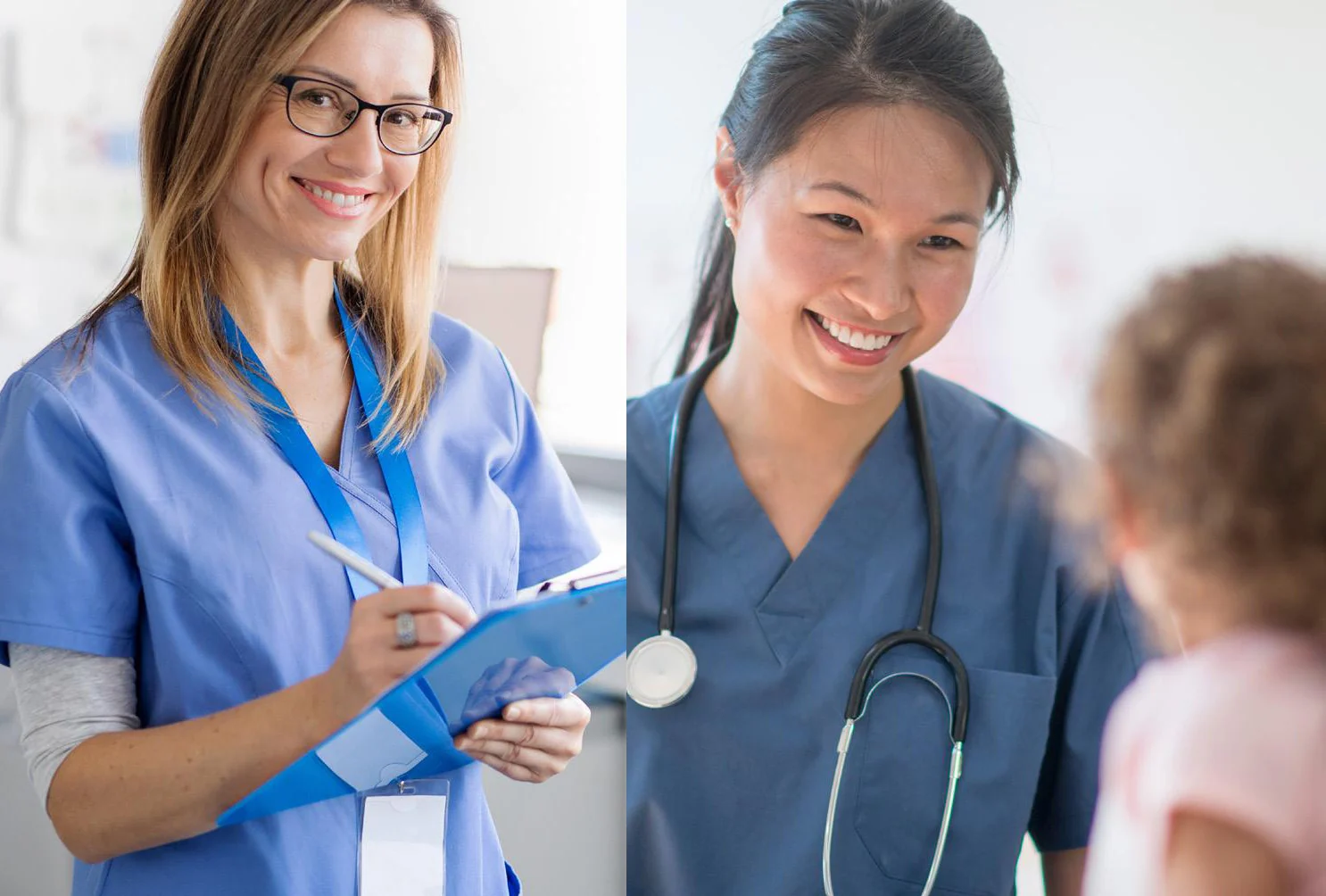 Two nurses speaking with an older patient
